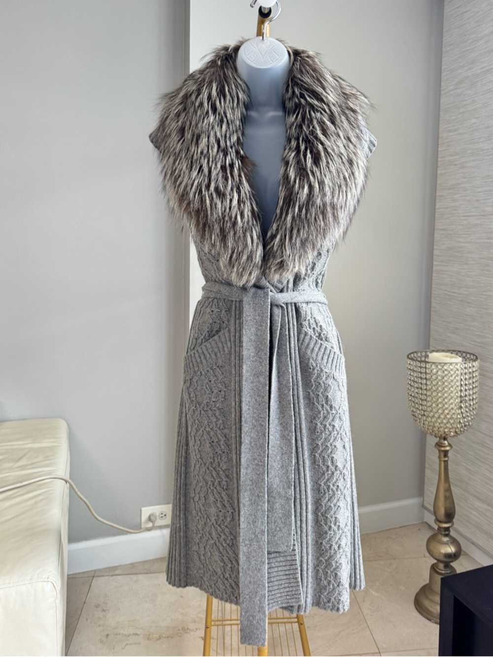 Authentic Lafayette 148. Natural Silver Fox with Gray Knit Cardigan